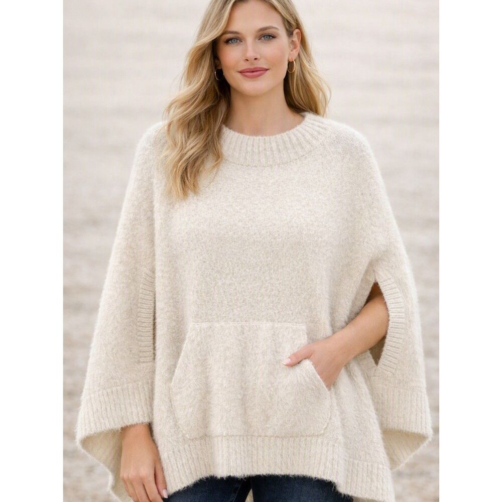 Mersea Fuzzy Knit Poncho Ivory OS Quiet Luxury Minimalist Cabincore Minimalist